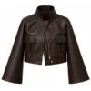 Womens Brown Leather Bomber Jacket - Image 4