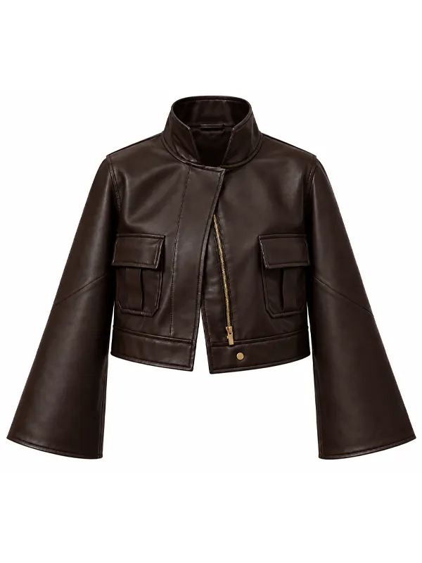 Womens Brown Leather Bomber Jacket - Image 4