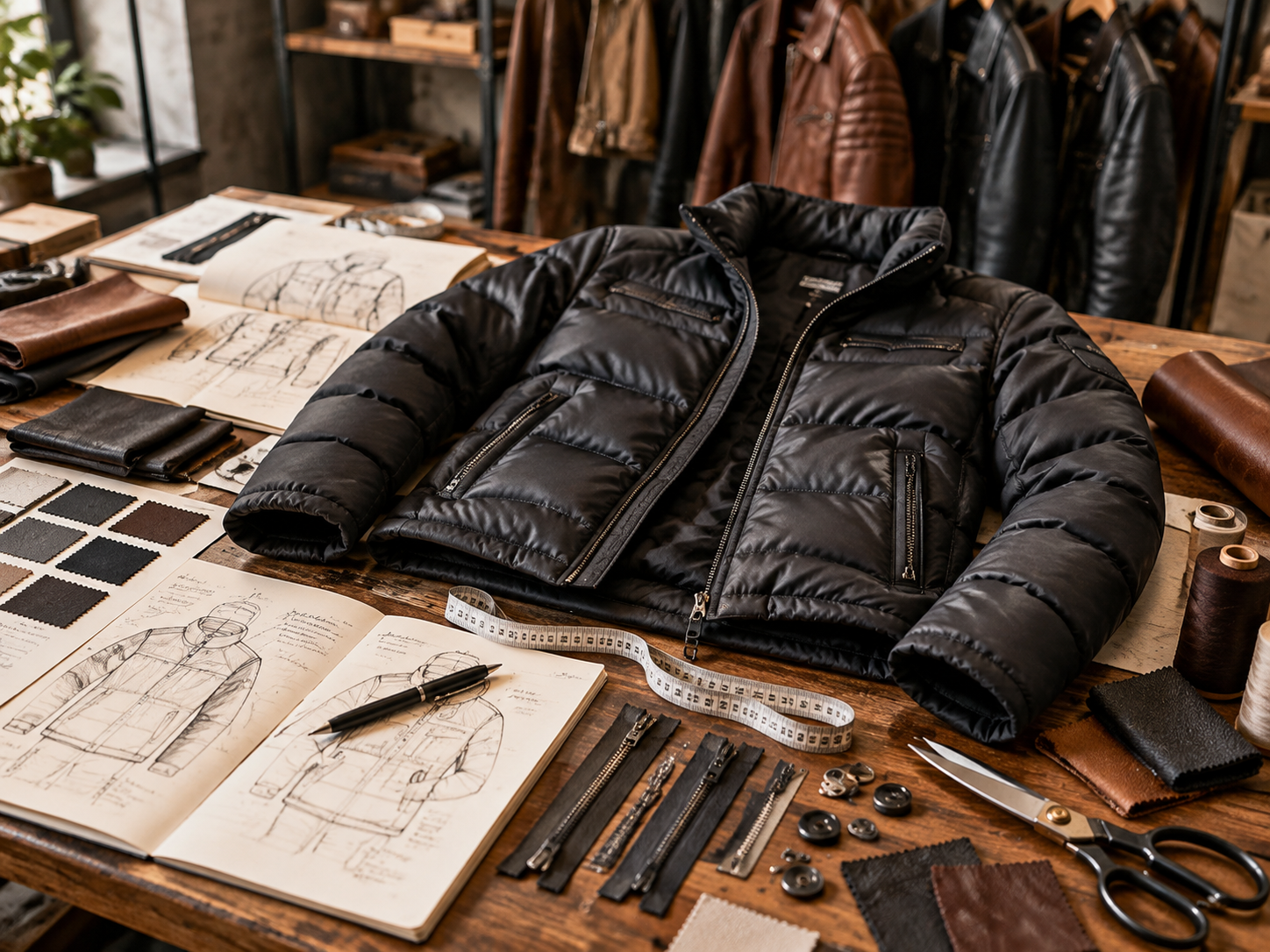 Jacket sketches, measuring tape, thread and tools on a design table
