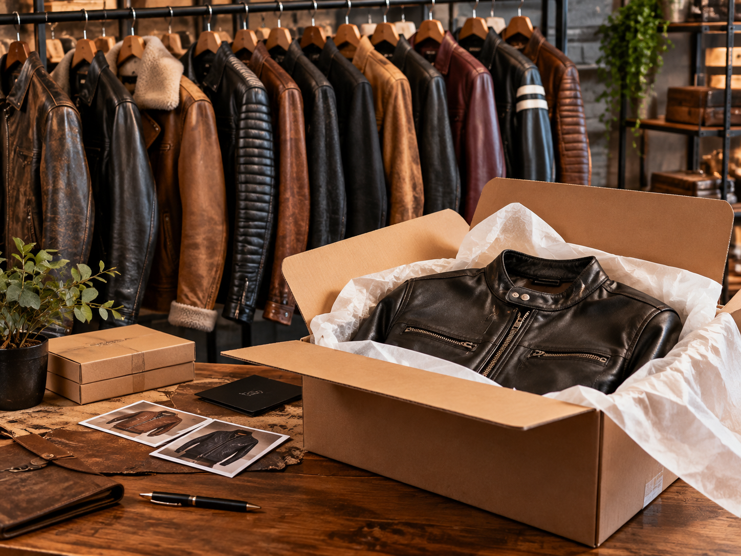 Leather jackets hanging on a rack in a design studio