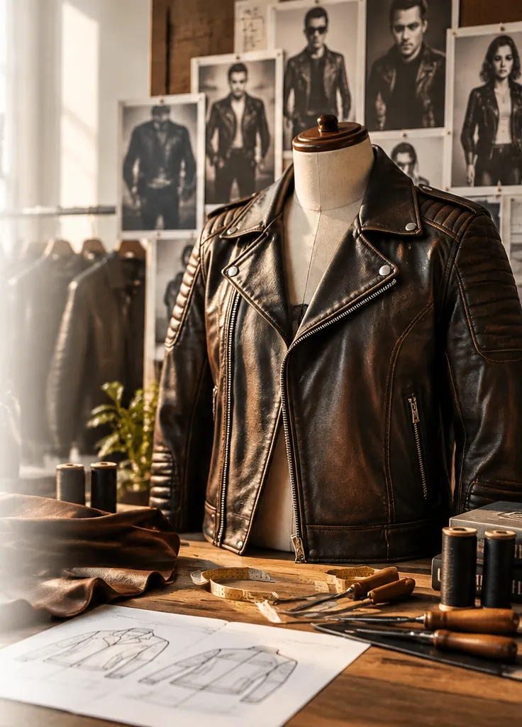 Brown leather biker jacket on a mannequin in a design studio with sketches, thread and reference photos