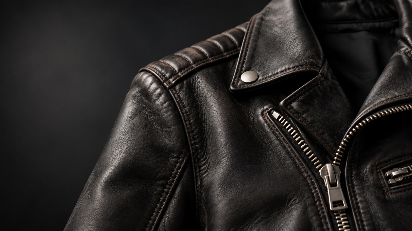 Close-up of black leather jacket stitching, collar and zipper