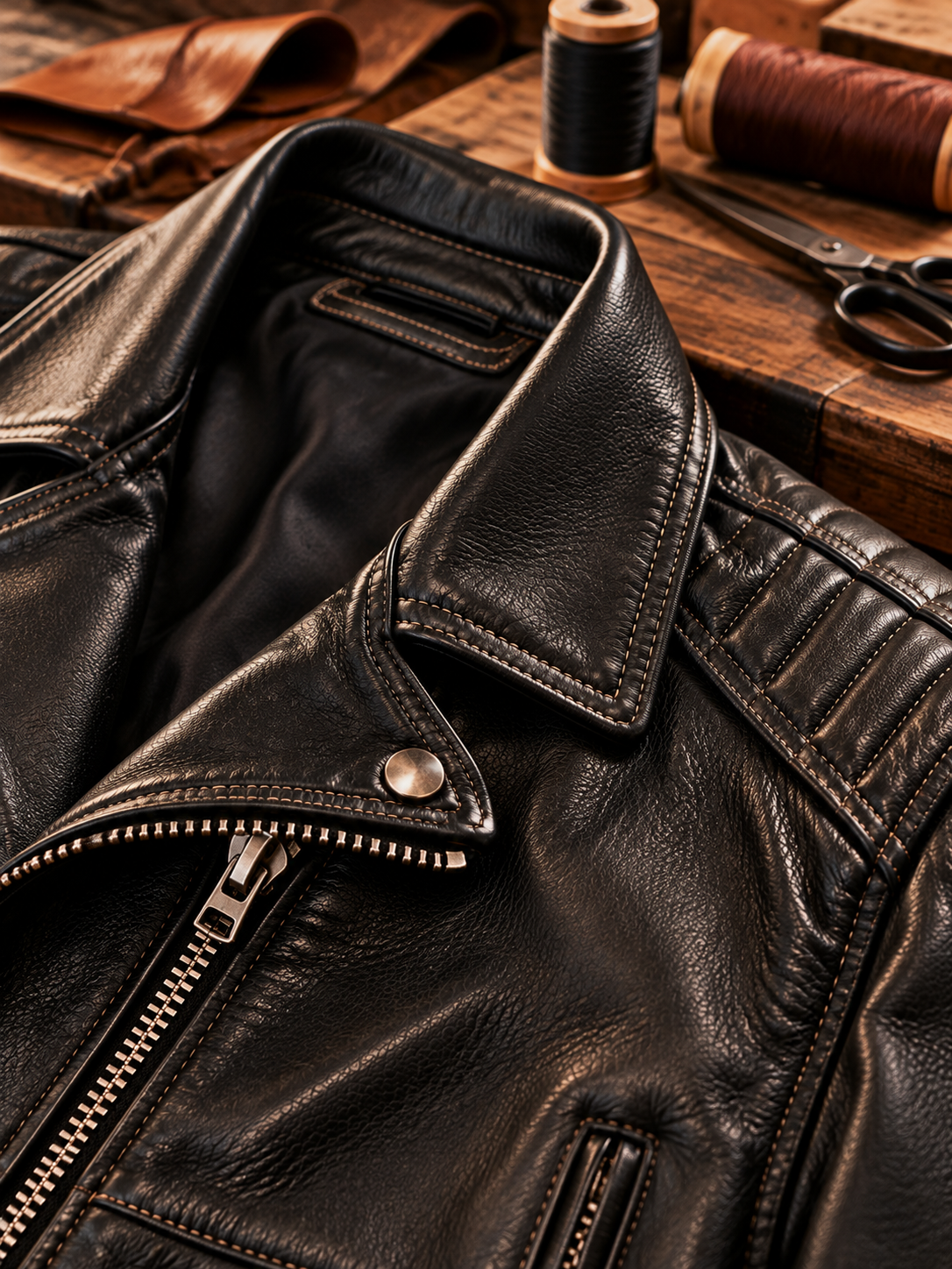 Close-up of black leather jacket grain and double stitching
